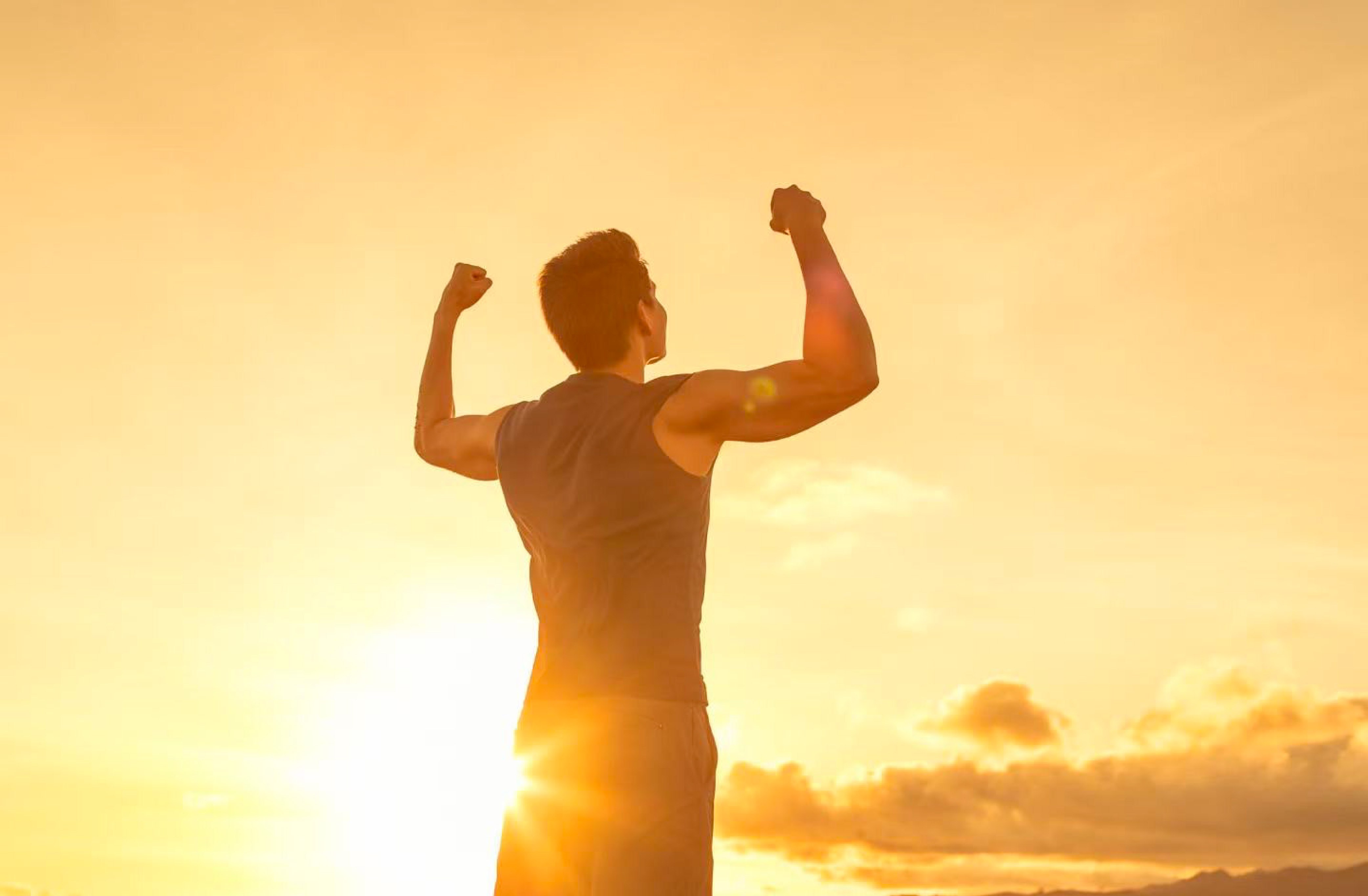 Man energized at sunrise at Serensia Woods